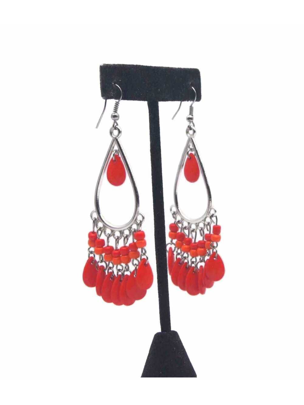Silver Tone Chandelier Earrings with Red & Orange Plastic Beads.